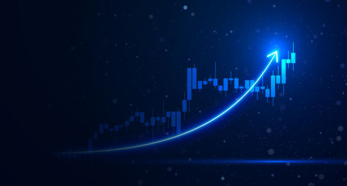 Rising stock market economy illustration. Futuristic business growth bar chart.