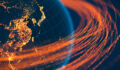 Global development capital illustrated by lines of light orbiting the globe