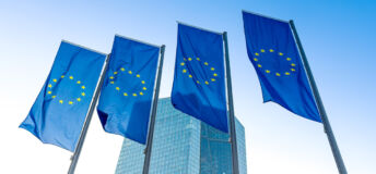 Image of European Union flags in Frankfurt, Germany.