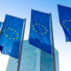 Image of European Union flags in Frankfurt, Germany.