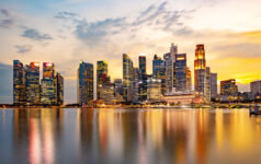 Moody Sky at Sunset with Reflection in Marina Bay, Long Exposure to Blur Water