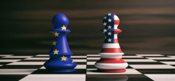 USA and EU cooperation concept. US America and European Union flags on chess pawns soldiers on a chessboard. 3d illustration