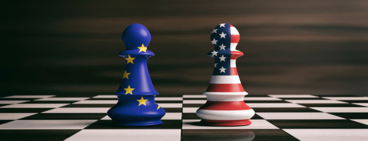 USA and EU cooperation concept. US America and European Union flags on chess pawns soldiers on a chessboard. 3d illustration