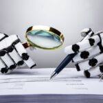 Illustration of robot with artificial intelligence (AI) writing and checking a document.