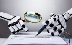 Illustration of robot with artificial intelligence (AI) writing and checking a document.