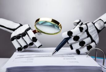 Illustration of robot with artificial intelligence (AI) writing and checking a document.