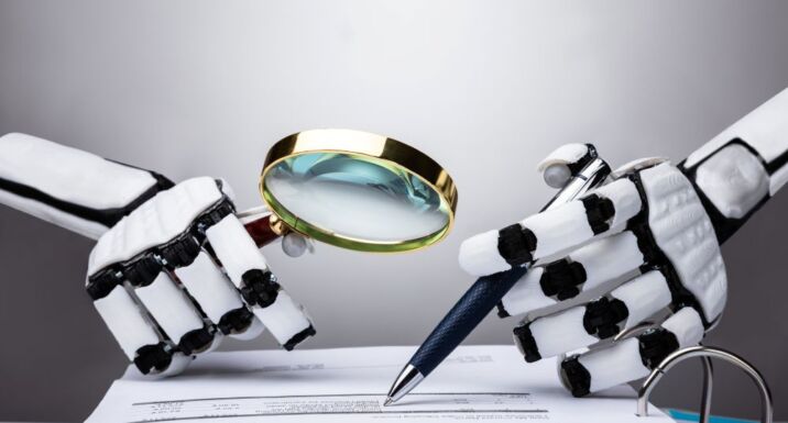 Illustration of robot with artificial intelligence (AI) writing and checking a document.