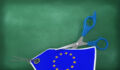 European Union Flag Price Tag with Scissors on Chalkboard Background - 3D Rendering