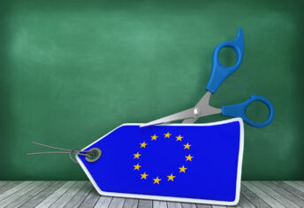 European Union Flag Price Tag with Scissors on Chalkboard Background - 3D Rendering