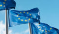 Row of blue EU flags in Brussels. The blue flags have twelve yellow stars depicting the original number of member states.