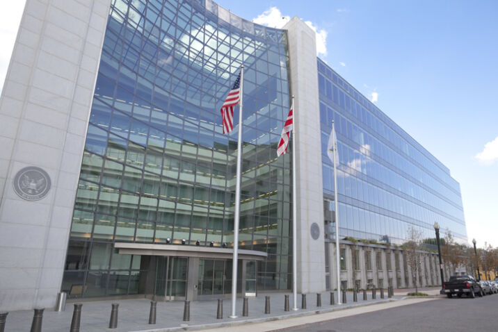 Securities and Exchange Commission, SEC, Building in Washington DC. The SEC regulates stocks and bonds and related financial activities.
