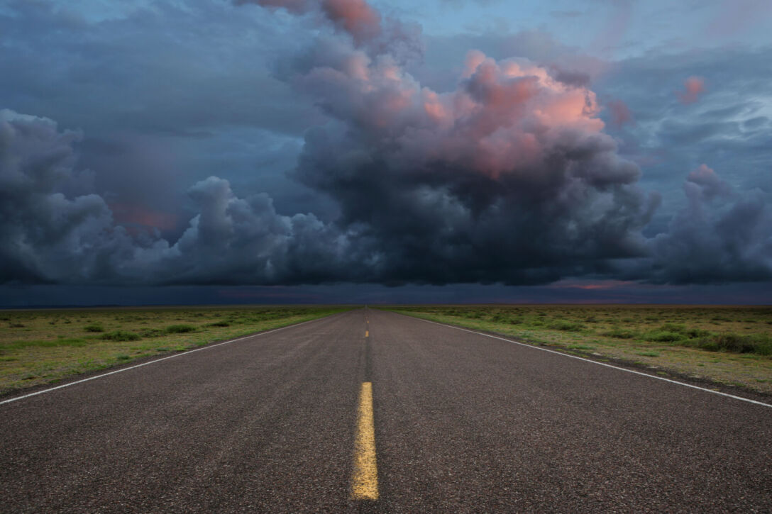XXL desert road thunderstorm Desert road with storm clouds