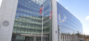 Securities and Exchange Commission, SEC, Building in Washington DC. The SEC regulates stocks and bonds and related financial activities.