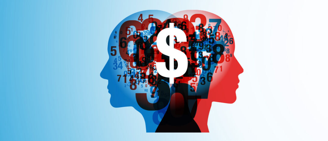 Numbers in head money, dollar sign, brain, mind