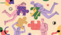 Photo of people in a group flying in an abstract space, holding big connecting puzzle pieces.