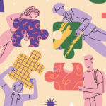 Photo of people in a group flying in an abstract space, holding big connecting puzzle pieces.