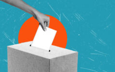 ‘Uncharted territory’: How are investors preparing for the 2026 AGM season? A person casting a ballot into a gray box against a vibrant blue background with a sunburst, symbolizing civic engagement and democracy. ballot box. voting.