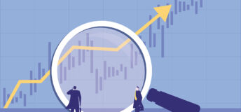 Two businessmen using a magnifying glass to observe market trends.