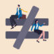 Two figures sitting on the legs of a not-equal symbol
