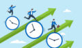 Business people riding clock on rising graph arrow