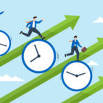 Business people riding clock on rising graph arrow