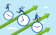 Business people riding clock on rising graph arrow