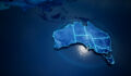 Leading FIs to work on adding climate adaptation to Australia’s green taxonomy Abstract geometric futuristic concept 3d Map of Australia with borders as scribble, blue neon style. 3d rendering