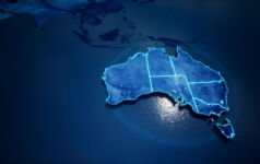 Abstract geometric futuristic concept 3d Map of Australia with borders as scribble, blue neon style. 3d rendering