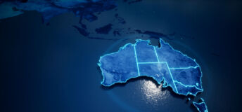 Abstract geometric futuristic concept 3d Map of Australia with borders as scribble, blue neon style. 3d rendering