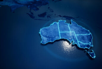 Abstract geometric futuristic concept 3d Map of Australia with borders as scribble, blue neon style. 3d rendering