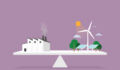 Major investors push back against mandatory UK transition plan disclosures factory, solar panel, and wind turbine on a scale for sustainable energy concept
