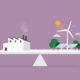 factory, solar panel, and wind turbine on a scale for sustainable energy concept