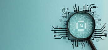 Magnifying Glass Focused on Circuit Board with AI Word, Representing Artificial Intelligence and Technology Innovation.