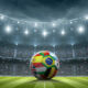 A photo of a football / soccer ball on the pitch of a football stadium