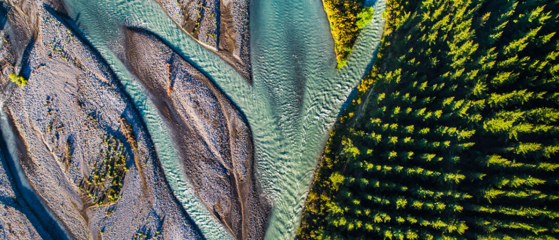 T9_Physical-climate-risk-assessment An aerial photo of a forest and rivers running alongside