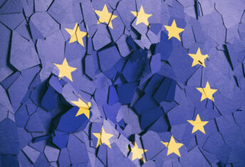 European Union flag on cracked wall background. 3d illustration