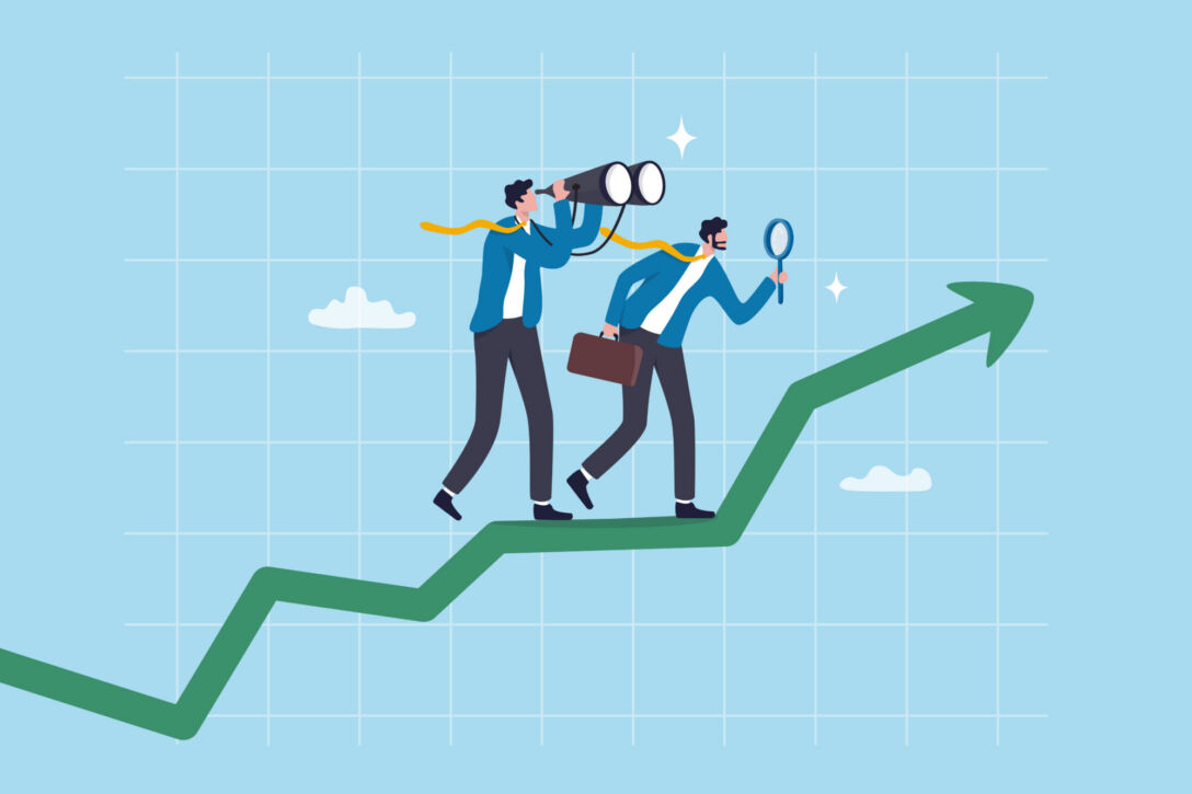 Business forecast, prediction or analysis, vision to see new opportunity, examine or inspect future ahead, search or discover opportunity, businessman look through binoculars to forecast future. - stock illustration