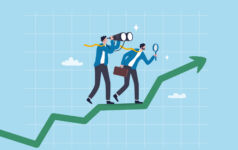 Business forecast, prediction or analysis, vision to see new opportunity, examine or inspect future ahead, search or discover opportunity, businessman look through binoculars to forecast future. - stock illustration