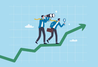 Big read: Is sustainable finance finding its feet again? Business forecast, prediction or analysis, vision to see new opportunity, examine or inspect future ahead, search or discover opportunity, businessman look through binoculars to forecast future. - stock illustration