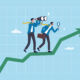Business forecast, prediction or analysis, vision to see new opportunity, examine or inspect future ahead, search or discover opportunity, businessman look through binoculars to forecast future. - stock illustration