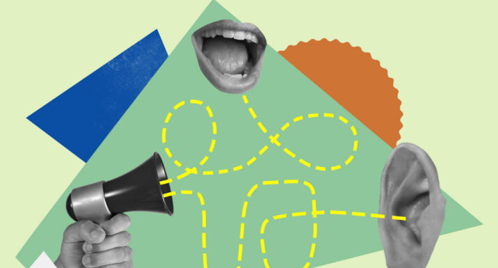 ESG, sustainabilityโฆ electrotech? The future language of responsible investment Art collage with hand holding megaphone with ear and mouth